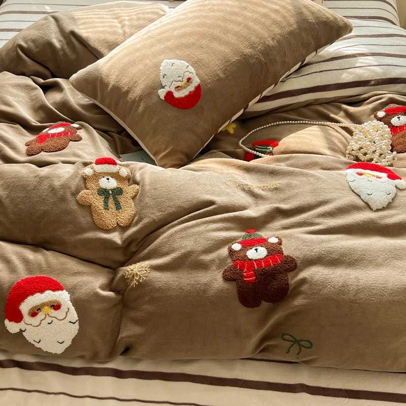 Christmas Brown Cute Christmas Bear Embroidery Bedding Set Single Double Queen Size Duvet cover Set Bed Sheet Pillowcases Christmas Gifts Y251126