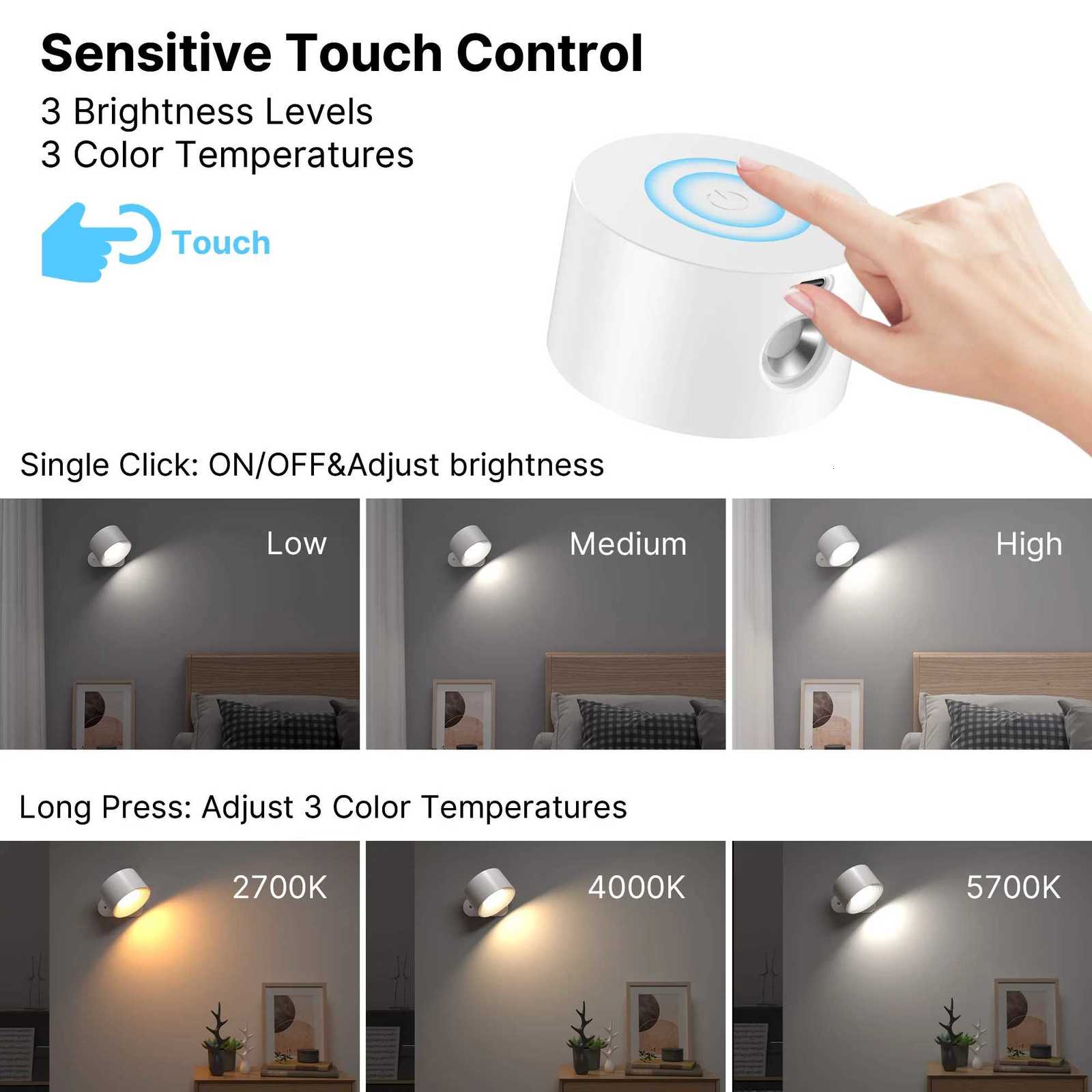 LED Wall Sconces light 3 Brightness Levels 3 Color Modes Wall Lights 2000mAh Battery Operated 360 Rotatable Touch Control M251126