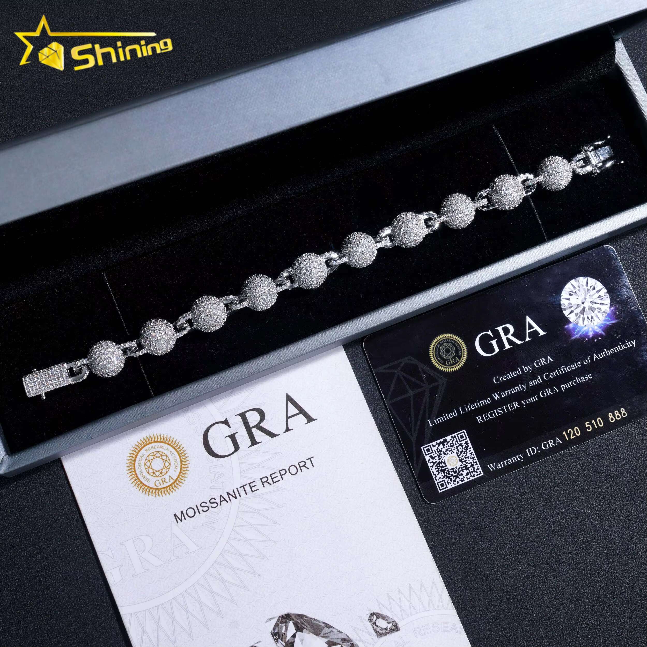 Hip Hop Jewelry 925 Silver Fashion 10MM Iced Out Diamond Moissanite Bead Ball Bracelet