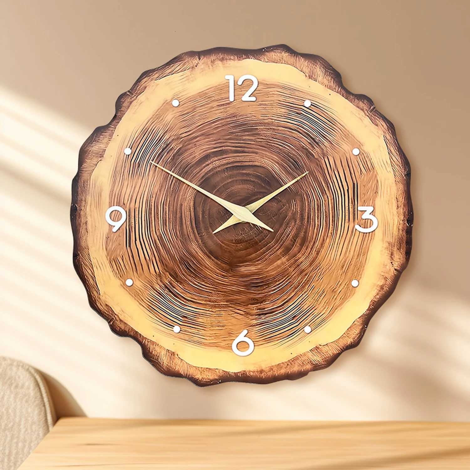 1pc wooden ring veneer wall clock flat wood cross section texture pattern solid wood pointer design wall clock silent clock C251126