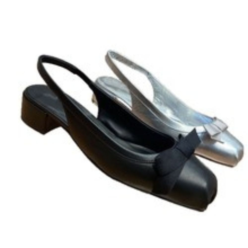 Women's Square Toe Bow Slingback Block Heel Sandals Metallic Black/Silver Evening Party Footwear---168-10