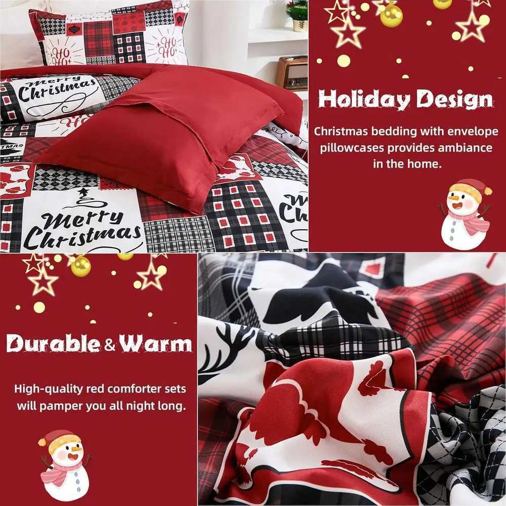 Christmas King Size Christmas Reindeer Plaid Duvet Cover Set - 3-Piece Rustic Holiday Bedding with Zipper for Fall Winter Y251126