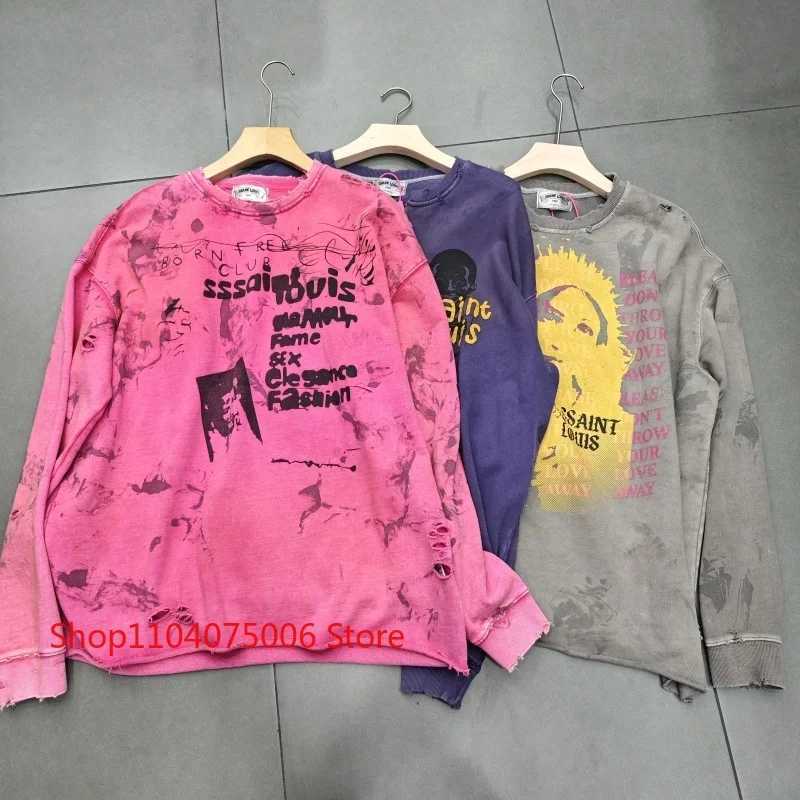 Fashion Saint Crewneck Sweatshirt Vintage Print Distressed Holes Washed Faded Unisex Oversize Casual Sportswear Y251125