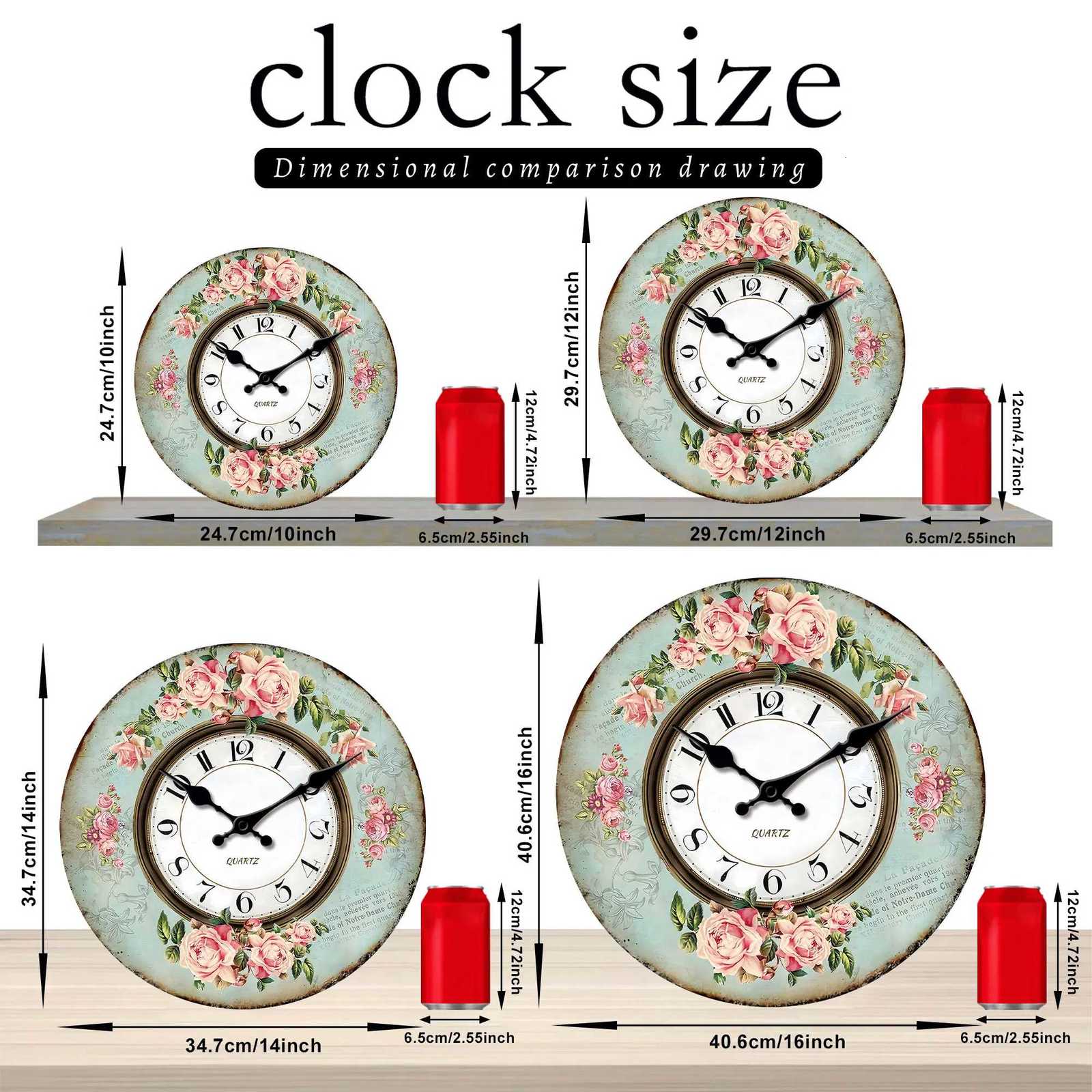 Retro romantic pink rose design light cyan wall clock 10-16 inches silent quartz suitable for living room bedroom patio C251126