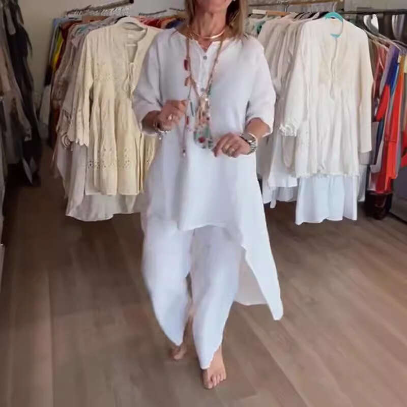 European American women's cotton and linen plus size long top wide leg pants two-piece set 2025 new casual fashion trend clothing