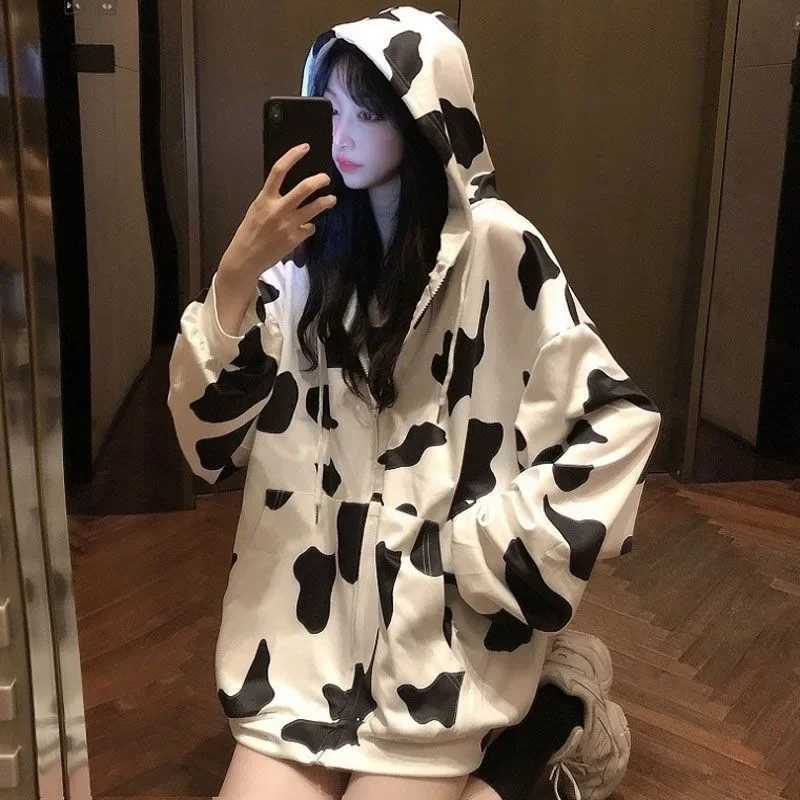 Thin Cow Patterned Hoodie Jacket for Women Spring Autumn Loose Fit Zipper Casual Trendy Open Cardigan Sweatshirt J251136