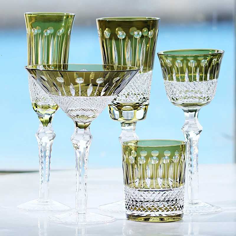 Antiques Style multi colored and hand cut glass crystal hock glass wine glasses with cut stem and base Home Bar Table Decor C251126