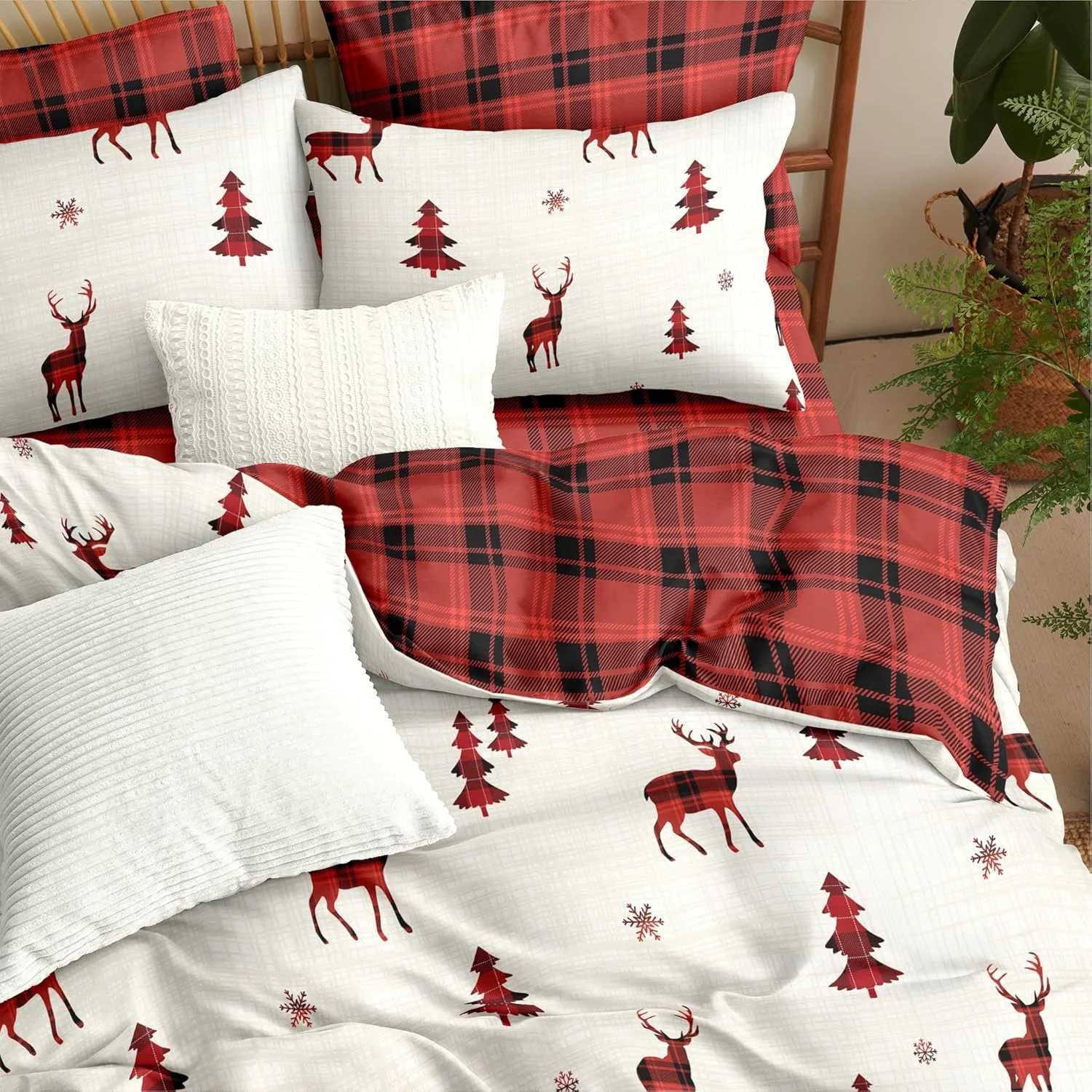 Christmas Christmas Duvet Cover Holiday Bedding Set Reversible Red Reindeer Christmas Tree Buffalo Check Plaid Duvet Cover Xmas Gifts Y251126
