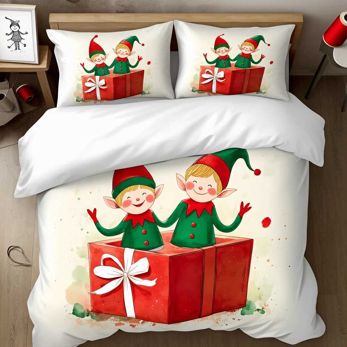 Christmas 3Pcs Hand Painted Christmas Card Bedding Set Polyester Whimsical Illustration Duvet Cover Queen Size Cozy Home Textile Artful Y251126
