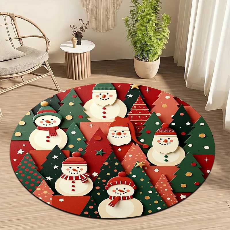 1pc Snowman Christmas Tree Round Mat - Red/Green/Golden Winter Mat with Non-Slip Backing Machine Washable Soft Mat for RoomM251126