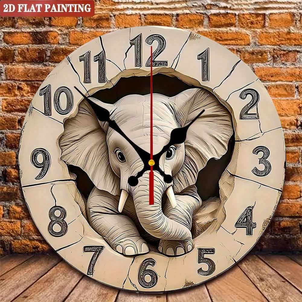 Elephant Digital Wall Clock Wooden round silent display for living room bedroom or office C251126