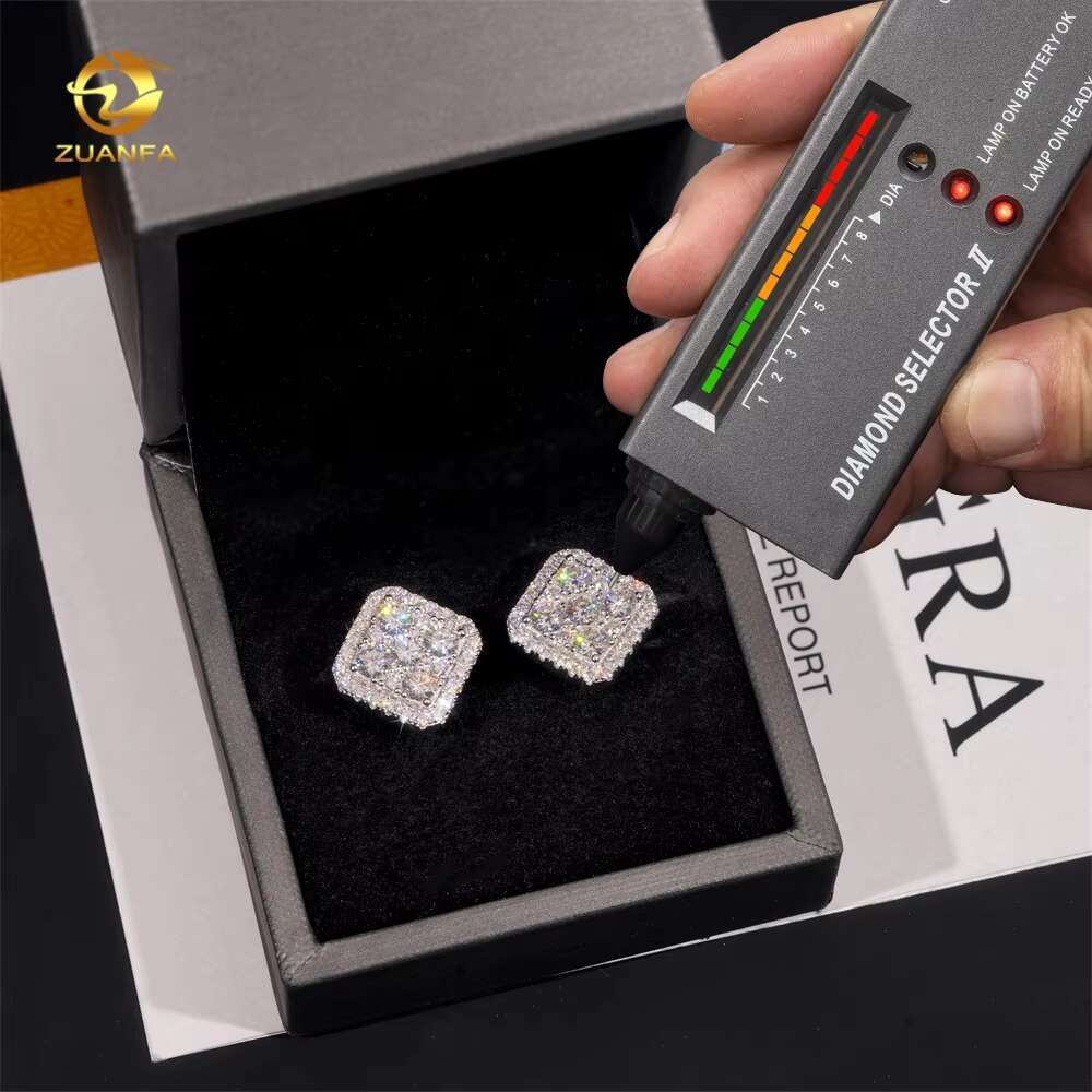 Big Luxury Iced Out Square Hip Hop Moissanite Diamond Mens Earring 925 Sterling Silver Earrings for Men