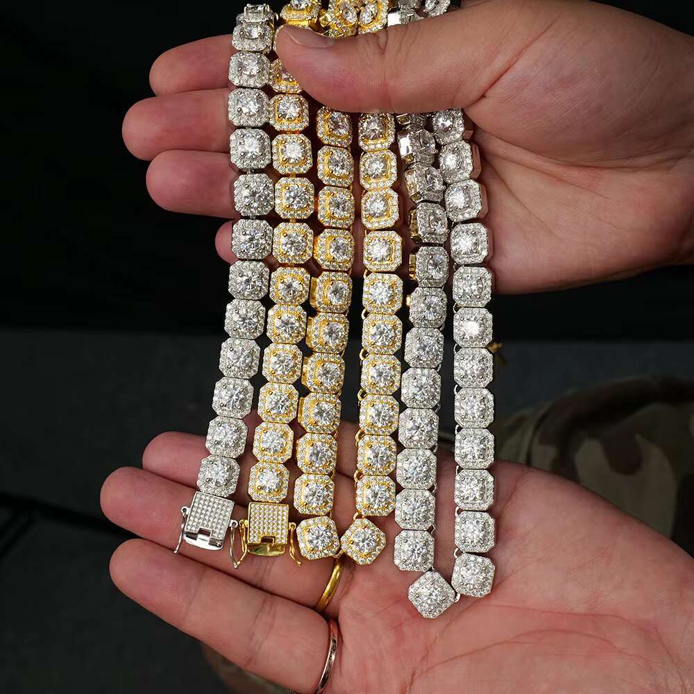 Hip Hop Cuban Gra Certified 10mm 11mm Moissanite square Cut Clustered Tennis Chain Necklace Bracelet with Side Ice for Man