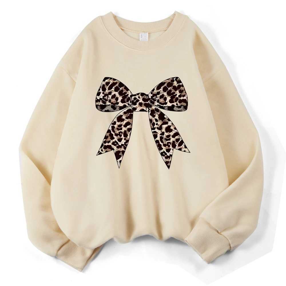Bow Leopard Sweatshirts Womens CrewneCK Basics Hoodies Loose Fleece Warm CloTHes Autumn Winter Sporty Woman Pullover J251136