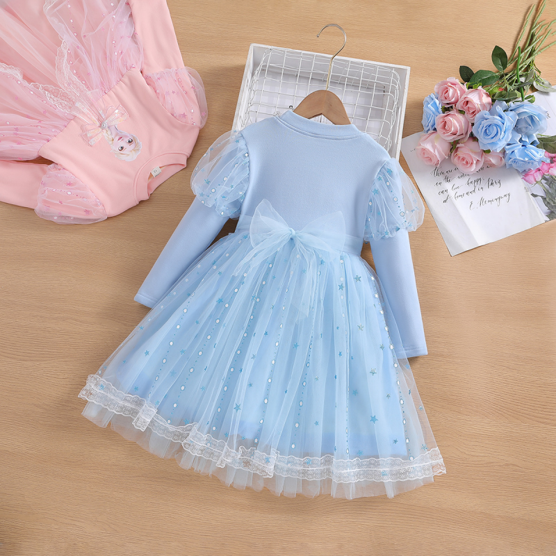 Disney designer children's clothing long-sleeved princess dress beach dress A-line skirt birthday dress for girls Frozen Elsa dress puffy dress C