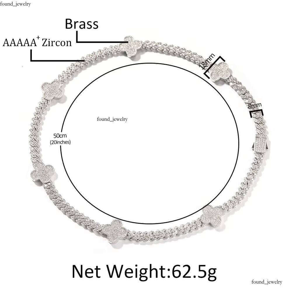 High Quality fashion Jewelry 18k Gold Plated Brass Necklace 8mm Cuban Chain VVS Moissanite Four Leaf Clover Bracelet