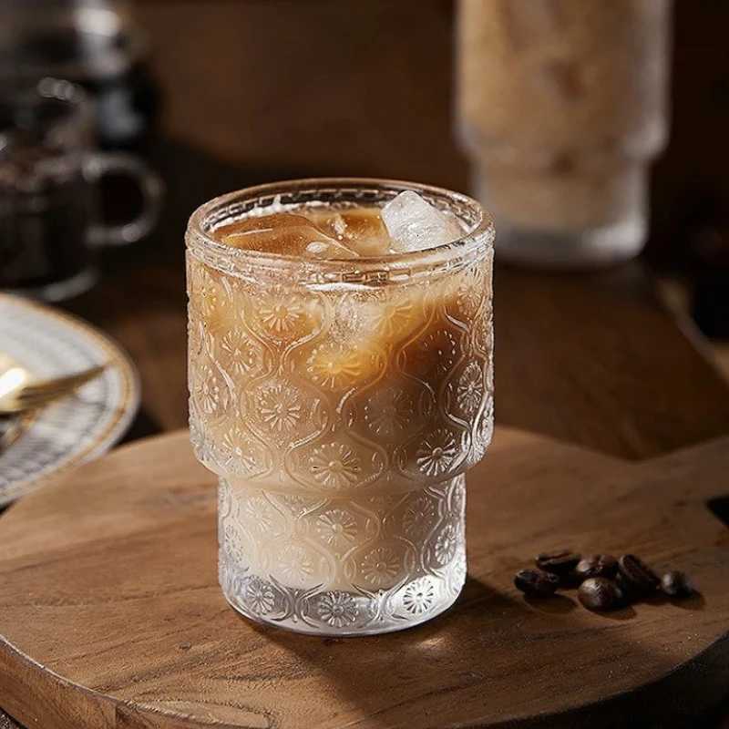 200ml Retro Sunflower Pattern Glass Cup Latte Coffee Mugs Household Cold Drink Cup Creative Wine Glass Transparent Beverage Cup C251126