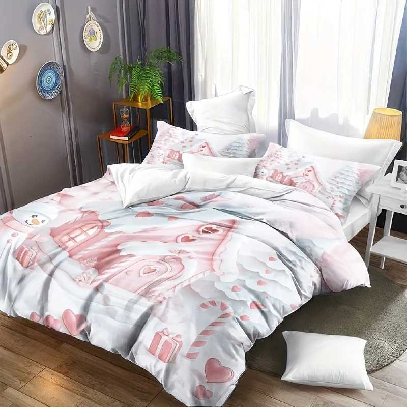 Christmas 3pcs Christmas print quilt set Pink snowman bedding romantic winter gingerbread house design soft bedroom decor heart pattern Y251126