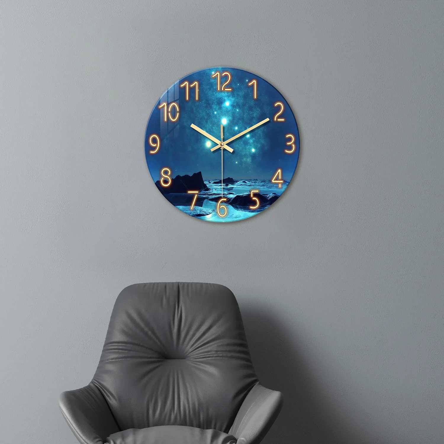 1pc glass wall clock Blue star Mountain River sea design wall clock home mute wall clock decoration living room bedroom C251126