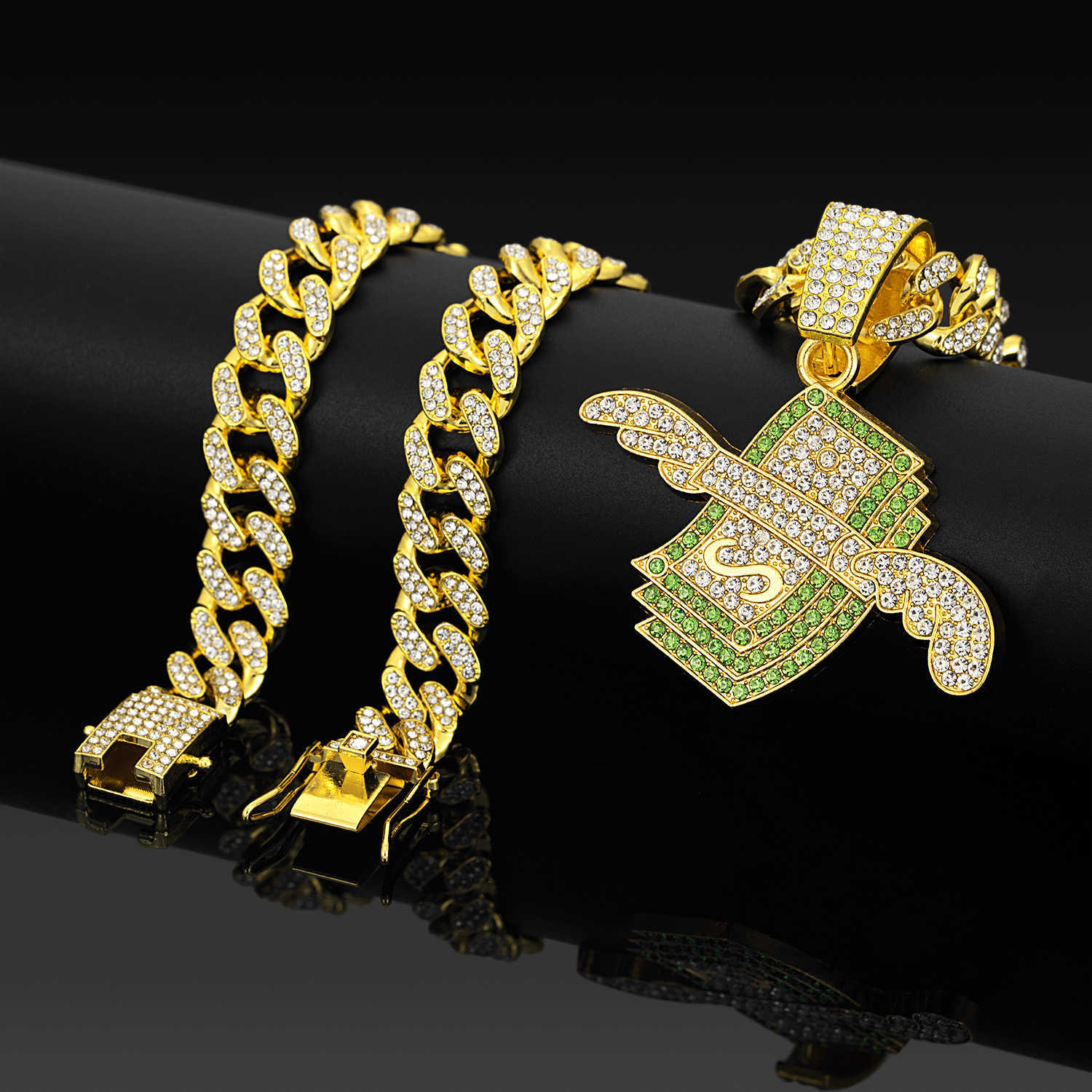 American Flying Wings Dollar Diamond Engraved Alloy Hip-Hop Pendant Necklace Beard Clip Cuban Chain Jewelry X250224