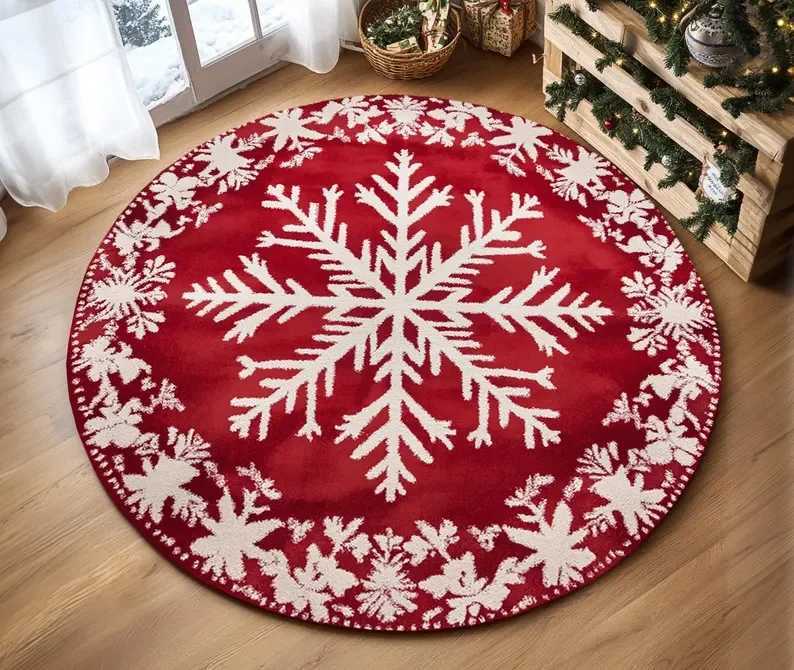 Festive Snowflake Christmas Tree Round Rug Holiday Decor Cozy Living Room Bedroom FloorMat Winter Seasonal Home Gift Bedside RugM251126
