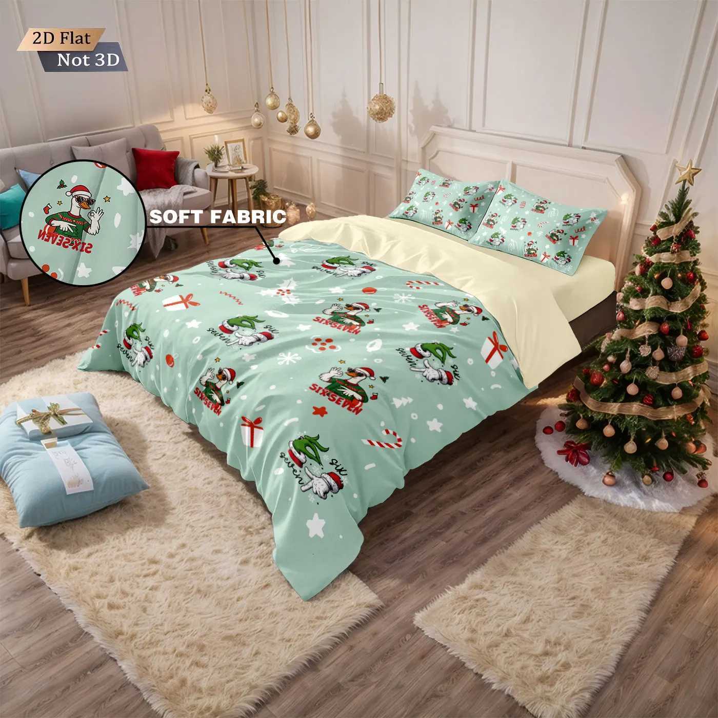 Christmas 3pcs Merry Christmas cartoon goose print coreless duvet cover set multi size bedroom bedding holiday decoration machine washable Y251126