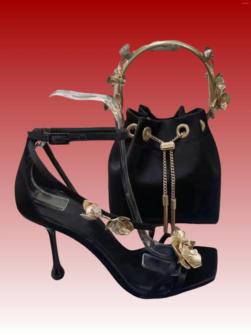 Sandals Arrival Summer Gold Flower Design High Heels Shoes Woman Sandalias Mujer Black Lady Pumps Metal Decoration Slippers