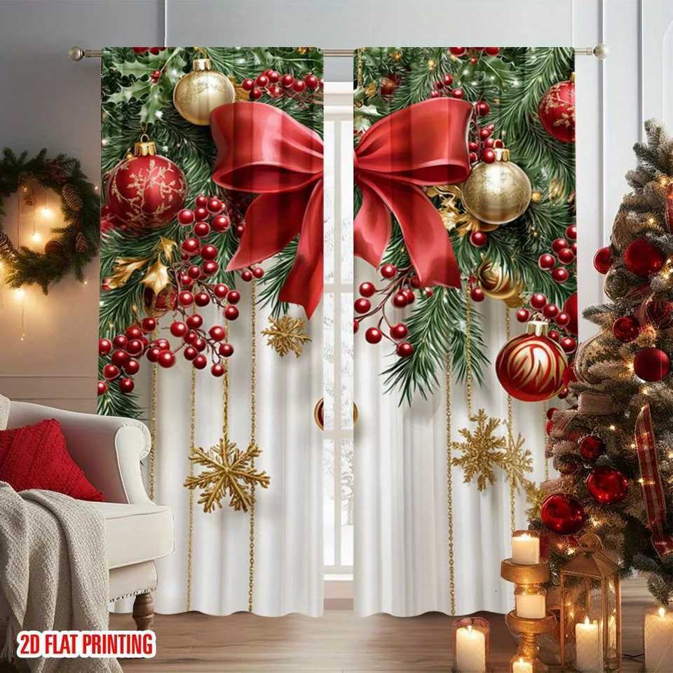 Curtain Christmas 2pcs Holiday Christmas Sheer Polyester Curtains with Rod Pocket for Living Room Bedroom Office Kitchen Home Decor Y251126