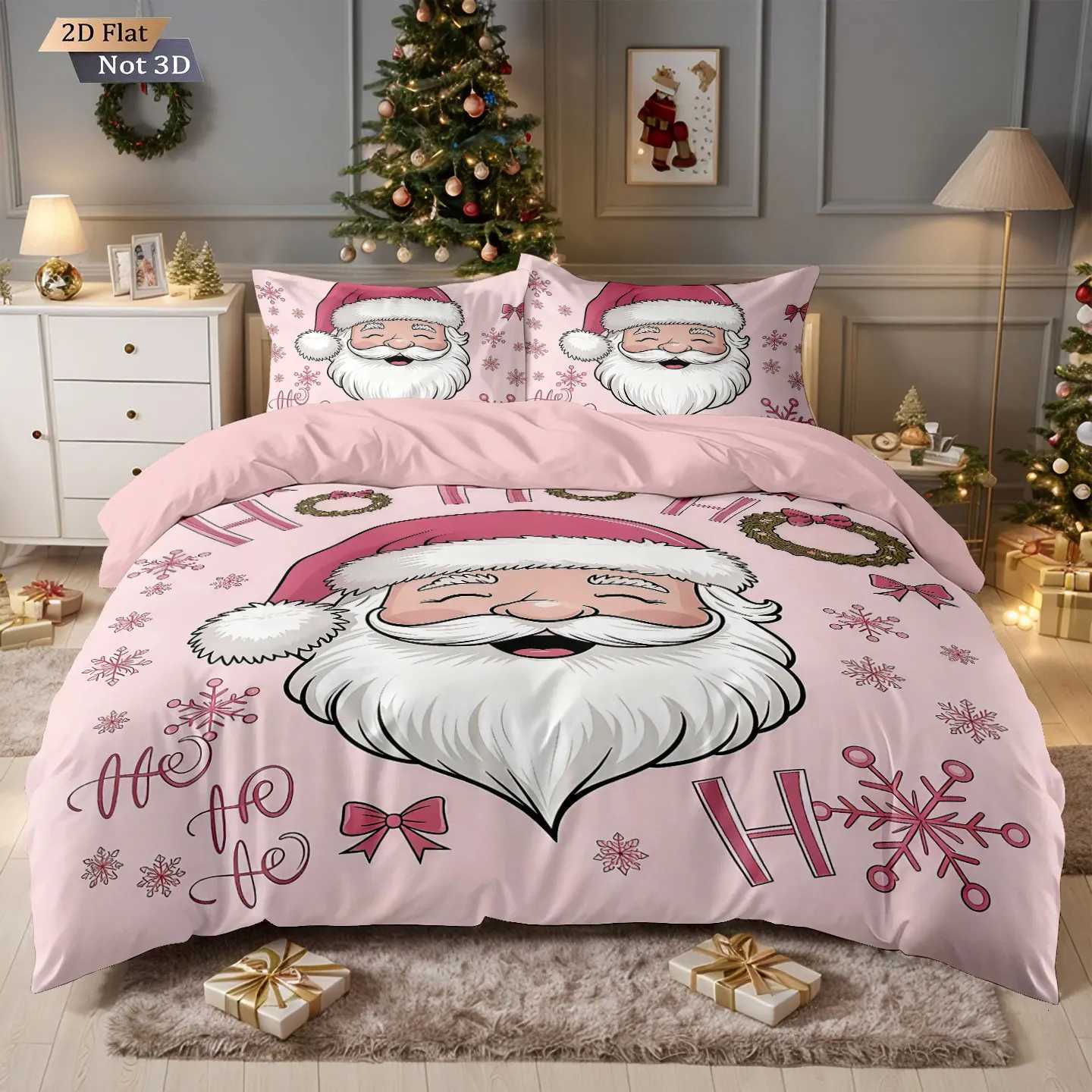 Christmas 3pcs pink Santa Claus printed coreless down duvet cover in multiple sizes soft bedroom bedding decoration machine washable Y251126