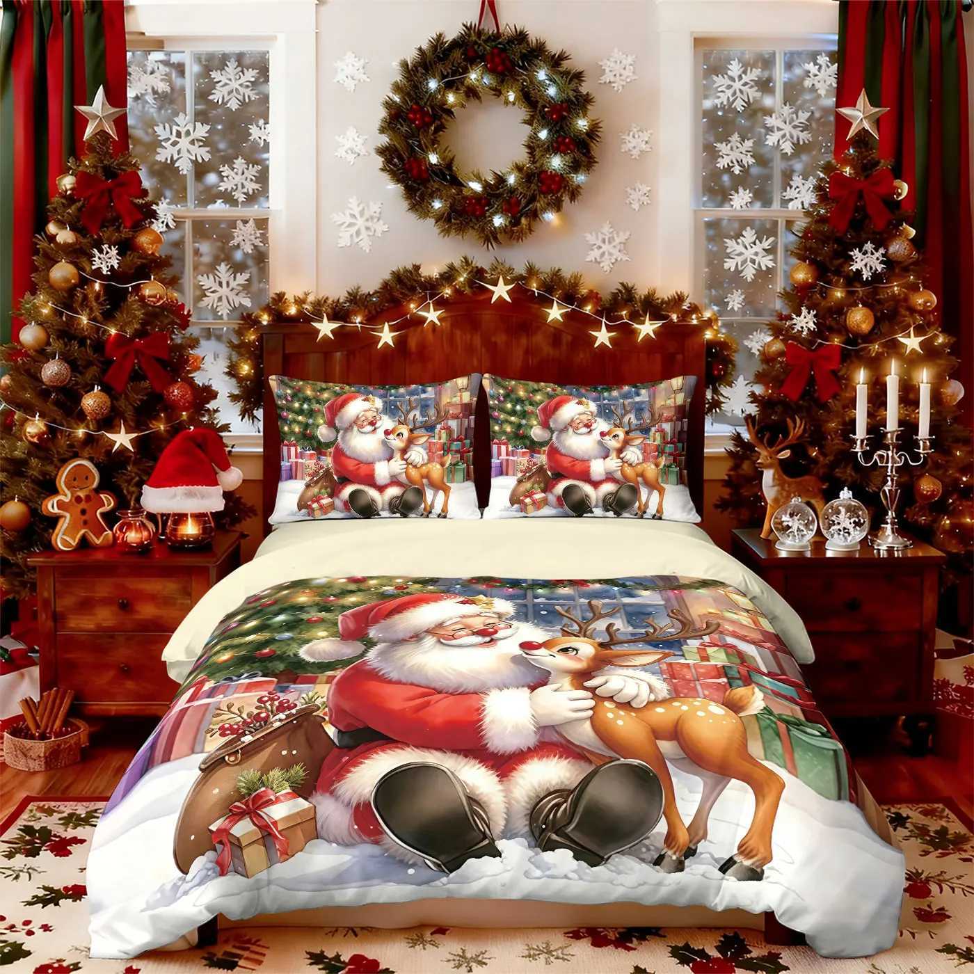 Christmas 3pcs Cartoon Santa Claus Gift Printed Chipless Bedding Set Soft Dormitory Bedroom Multiple Sizes Machine Washable Y251126