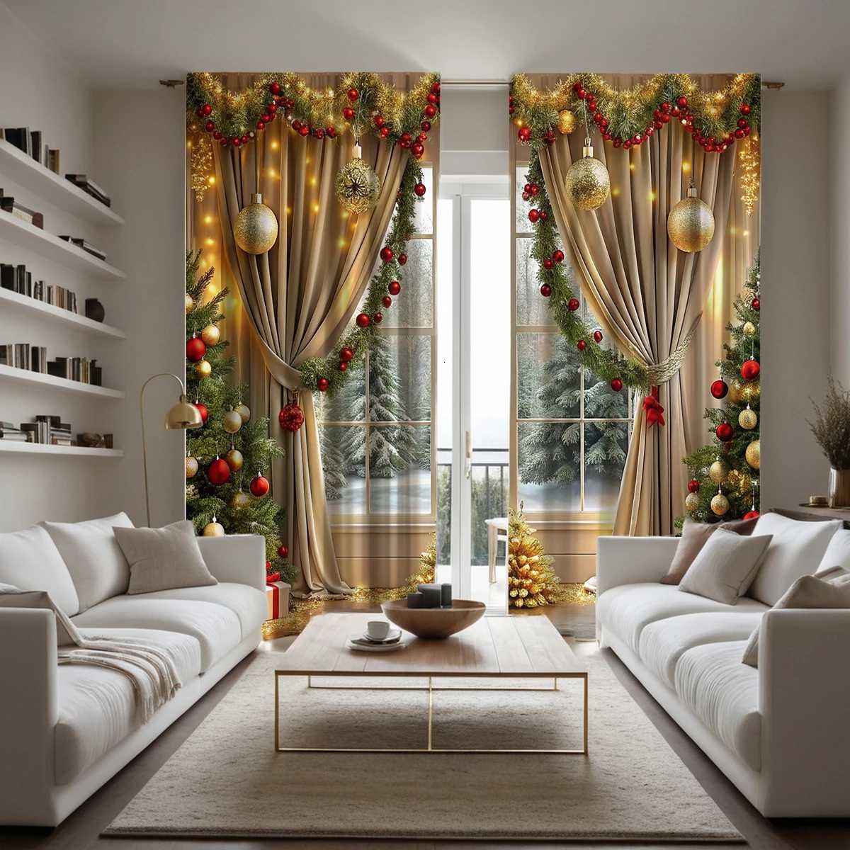 Christmas 2 pieces of HD digital curtain printing simulation valance yellow tie Christmas green latte red balloon home decoration style de Y251126