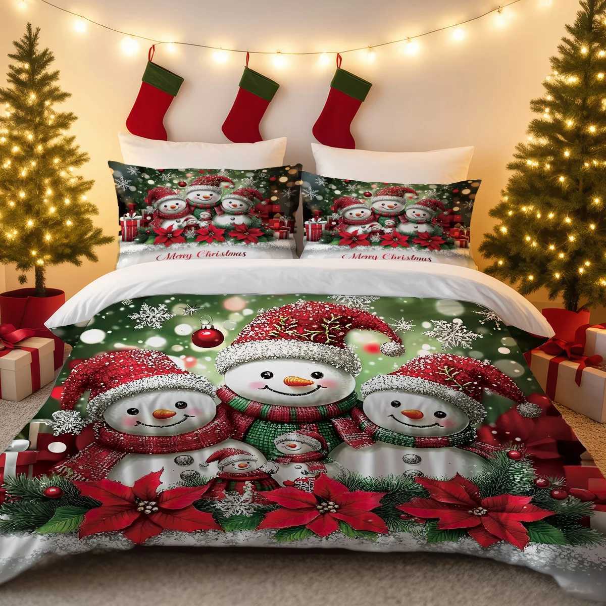 Christmas 3pcs Christmas Snowman Printed Chipless Bedding Set Multiple Sizes Bedrooms and Dormitories Comfortable and Machine Washable Y251126