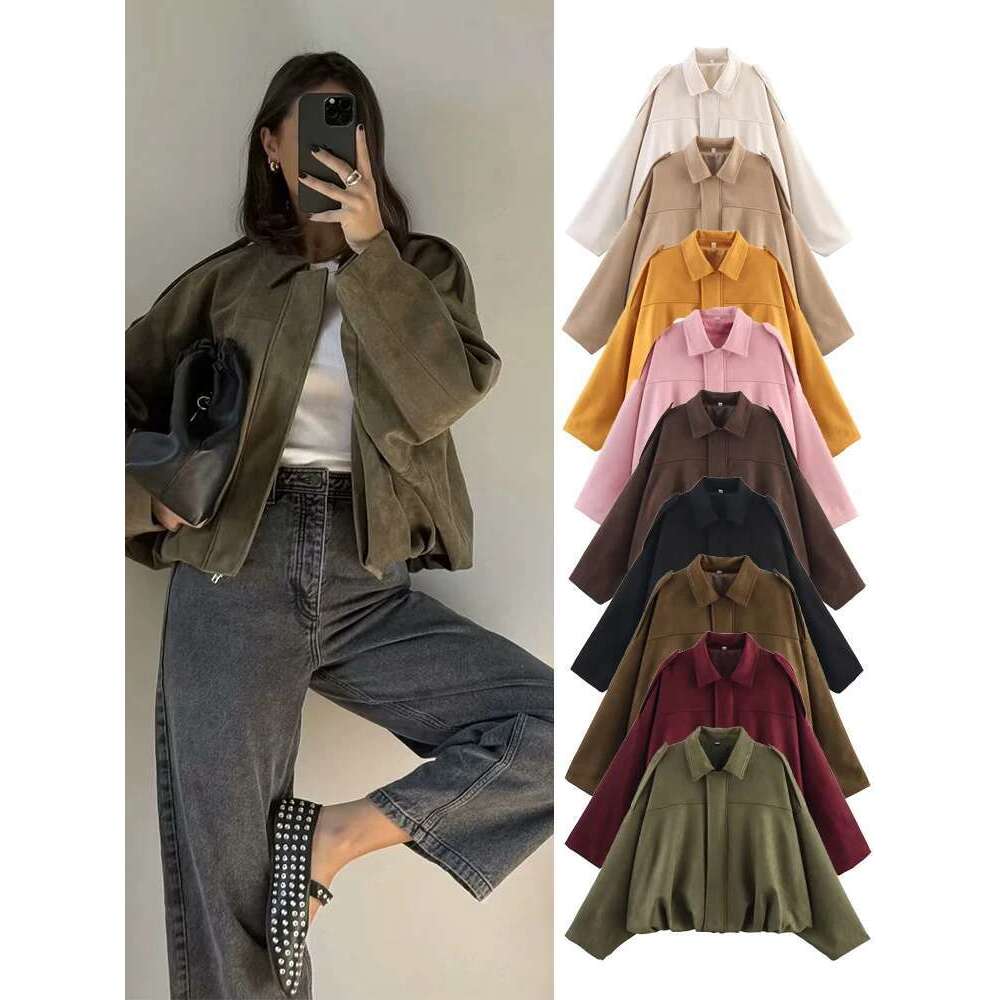 TFMLN Women Suede Jacket Spring New Fashion Long Sleeve Zipper Oversize Solid Bomber Coat Chic Lady 2025 Streetwear