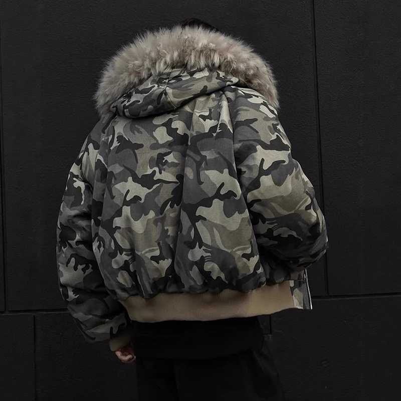 Fashion PFHQ Camouflage Men Short Cotton Jacket Large Fur Collar Hooded Design Winter Thickened High Street American Style Coat 21E7761 Y251125