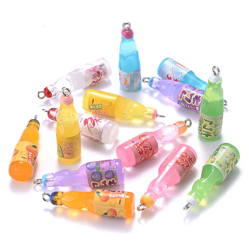 10 pieces of plastic pop cola soda beverage charm juice alcohol lemon water bottle resin pendant for jewelry making mini craft 250424