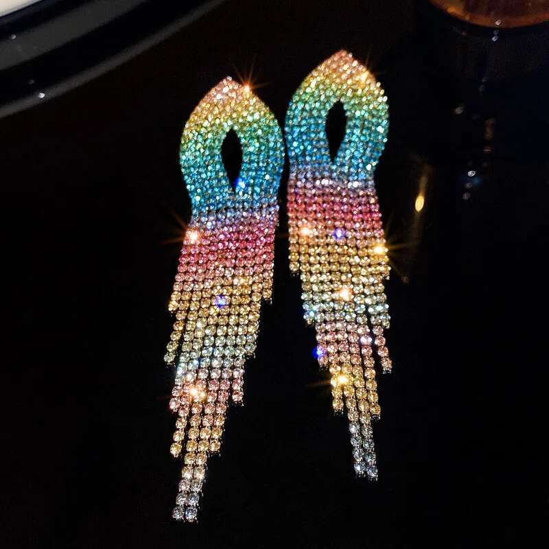 Shiny Rainbow Color Crystal For Women Long Tassel Pink Rhinestone Dangle Earrings Ladies Bride Weddings Jewelry