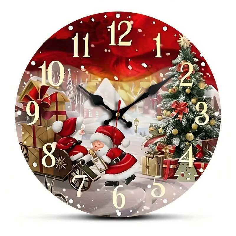 Wooden Silent Quartz Round Shaped Wall Clock - Christmas Theme with Santa Claus and Decorations Non-Ticking for Living Room C251126