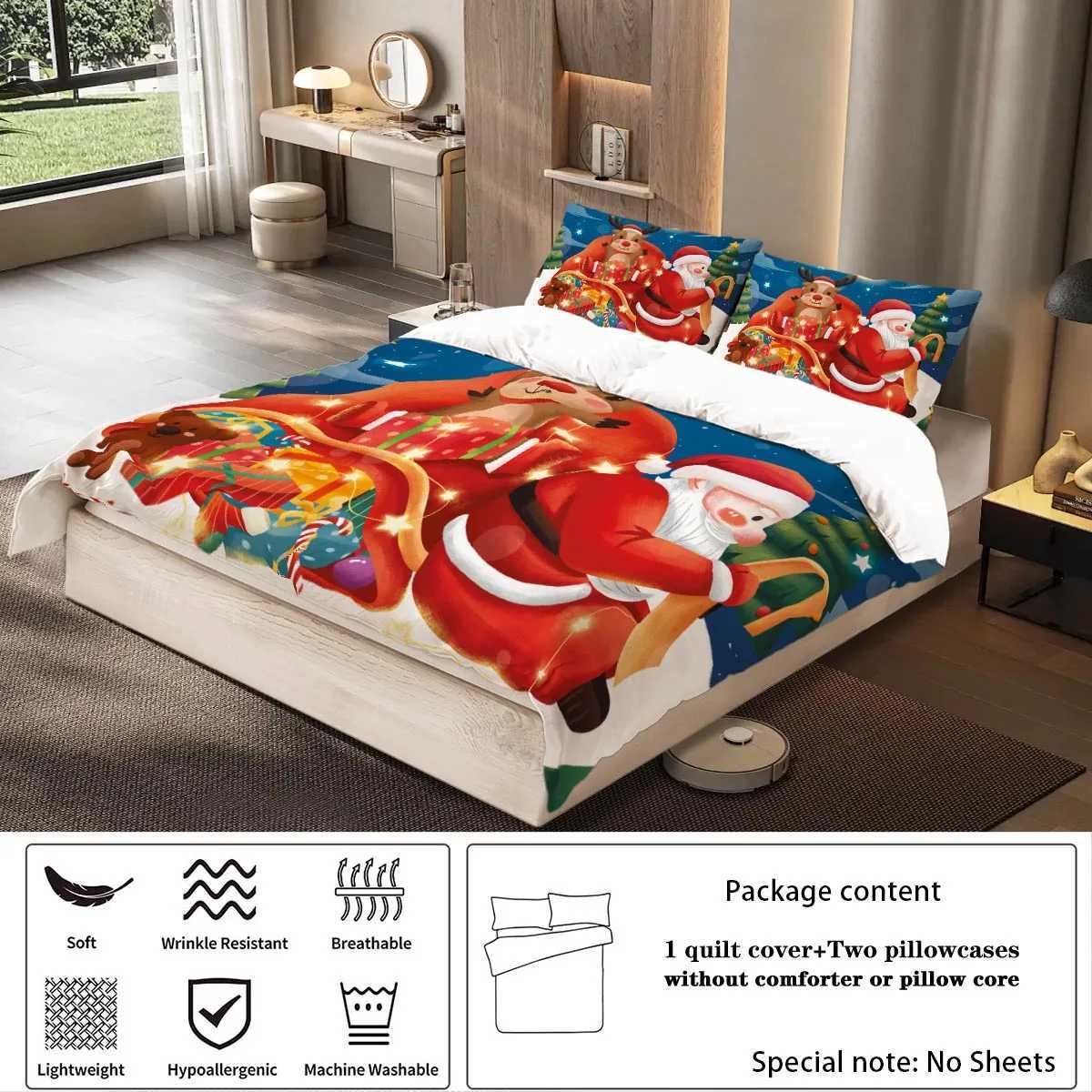Christmas 3pcs Santa Claus Reindeer Red Printed Coreless Bedding Set Soft and Comfortable Multi Size Dormitory Bedroom Machine Washable Y251126