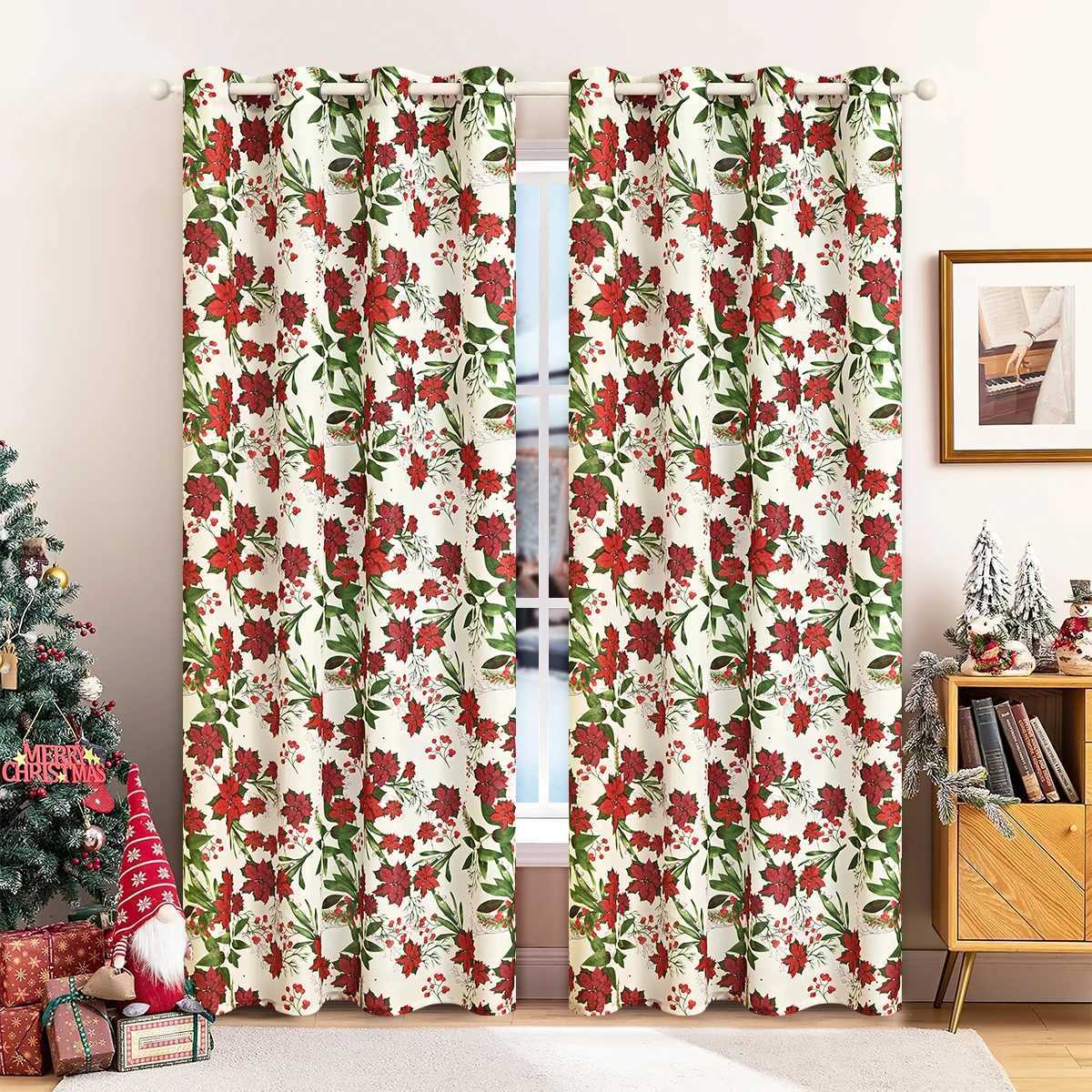 Christmas 2PCS Christmas Poinsettia Printed Grommet Curtains Suitable for Christmas Festival Curtain Decoration and Embellishment Y251126
