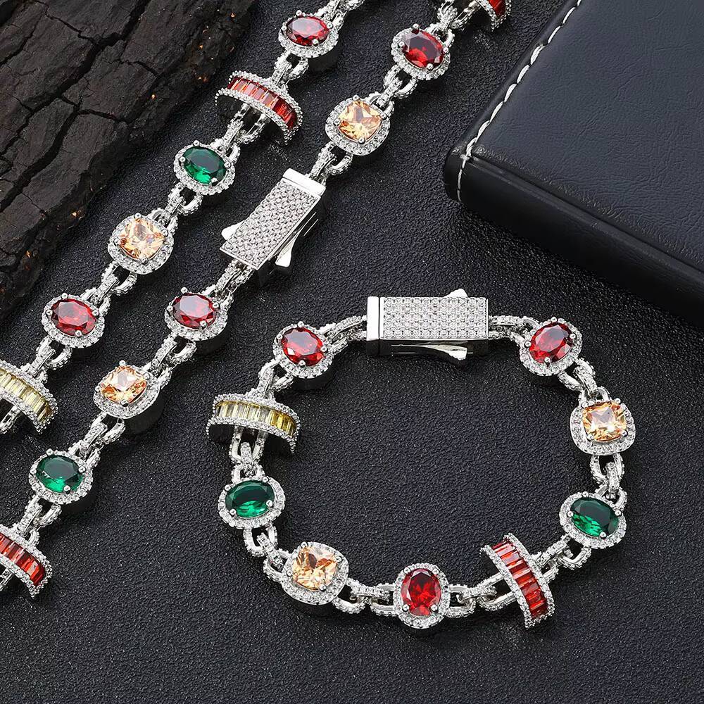 NUOYA New Style White Gold Plated Chain Necklace Colored Zircon Geometric Design Fashion Hip Hop Link Chain Womens Jewelry