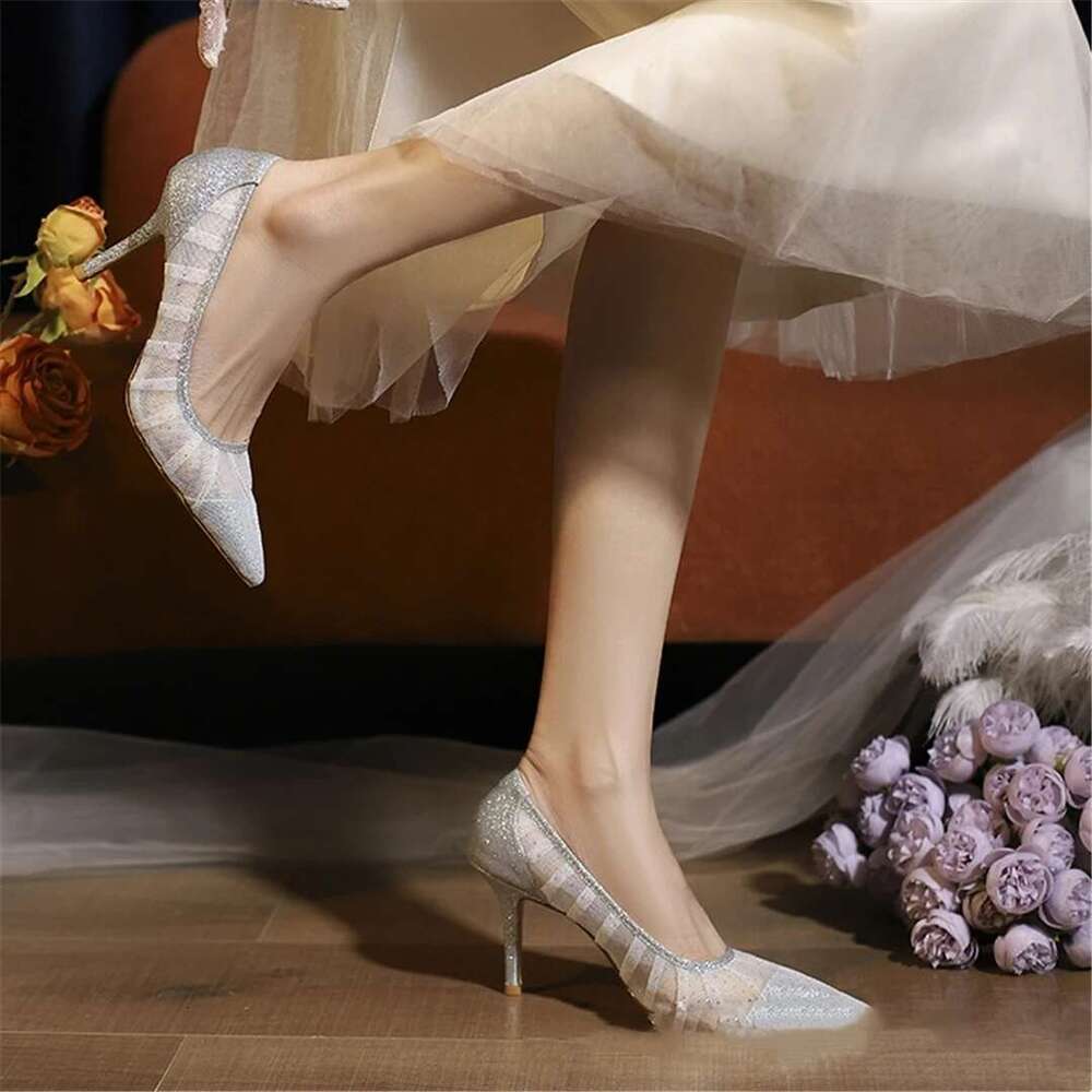 Spring and summer new pointed mesh sequin flat wedding shoes thin high-heeled banquet dress large small size women's sandal