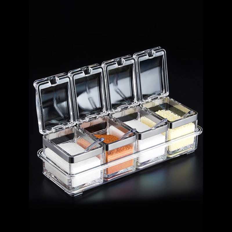 Clear Seasoning Box Set of 4 Crystal Seasoning Storage Container with Spoon Clear Seasoning Rack Spice Pots for Pepper Spice Y251126