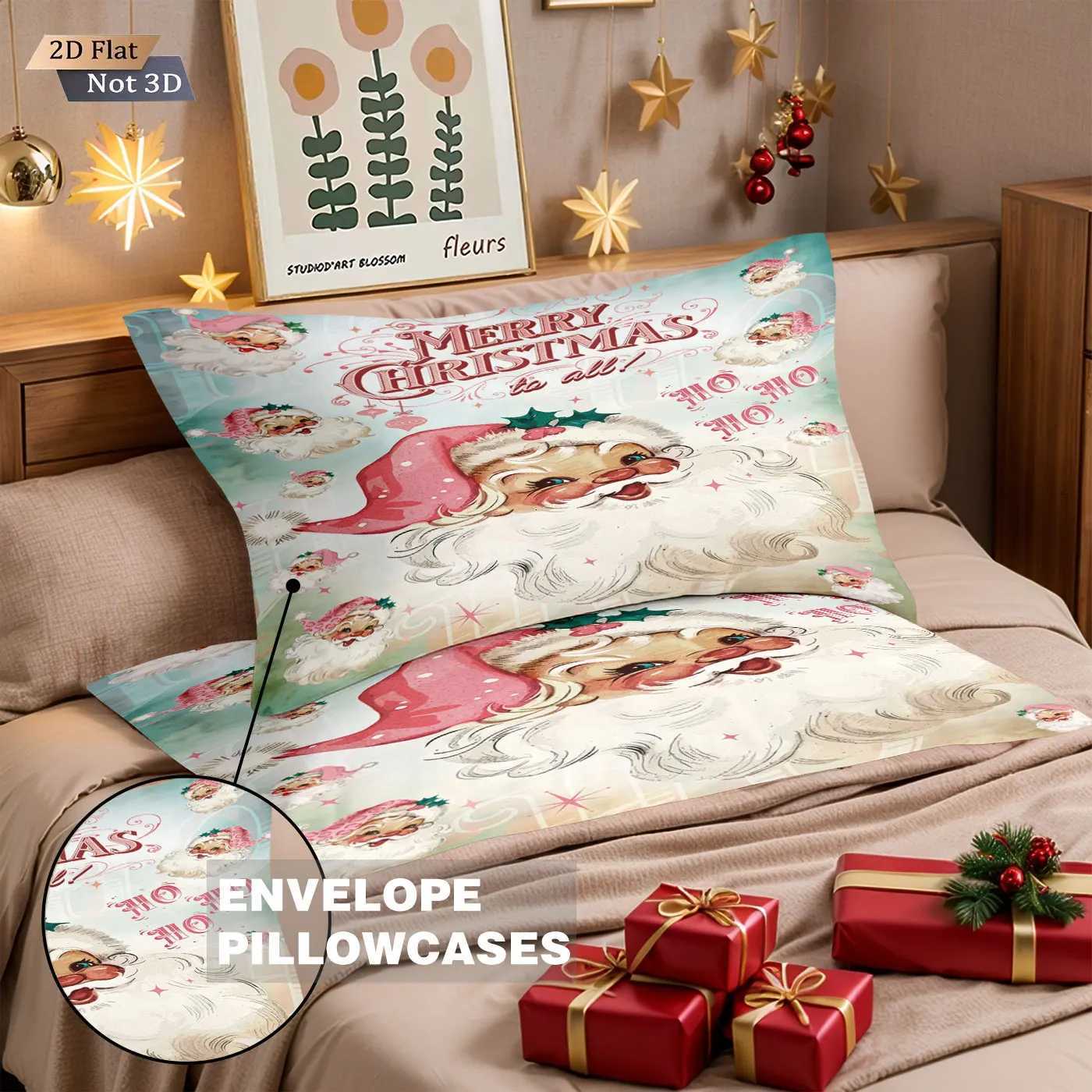 Christmas 3pcs Merry Christmas Pink Santa Claus Printed Chipless Bedding Set Multi Size Bedroom Bedding Decoration Machine Washable Y251126