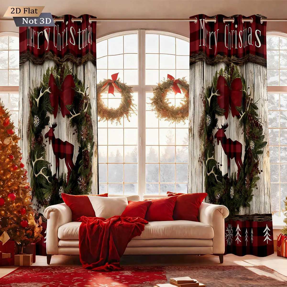 Curtain Christmas 2pcs Merry Christmas wreath reindeer print blackout curtains various size living room bedroom insulation holiday decoration Y251126