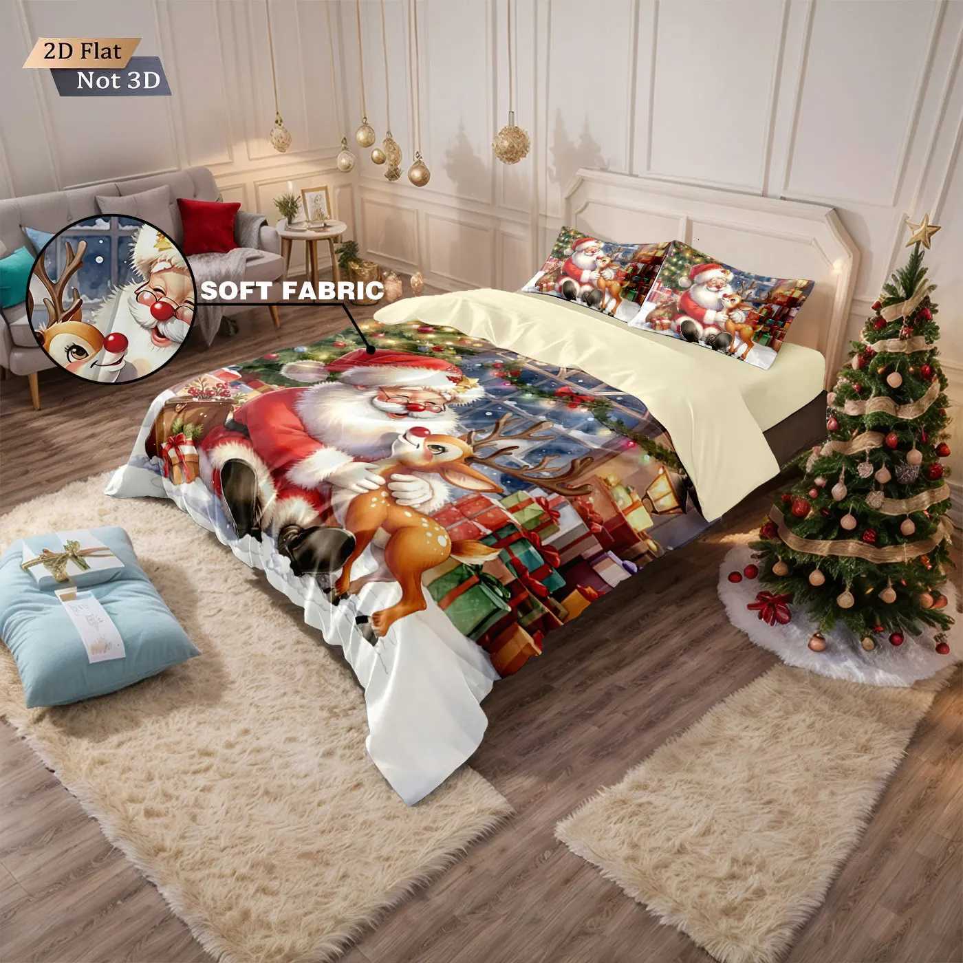 Christmas 3pcs Cartoon Santa Claus Gift Printed Chipless Bedding Set Soft Dormitory Bedroom Multiple Sizes Machine Washable Y251126
