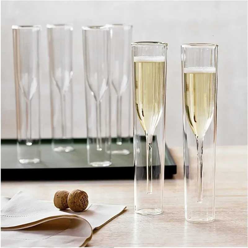 Double Wall Champagne Glasses - Elegant Crystal-Design Tulip Flute Cups for Weddings Cocktails Toast Shatter-Resistant C251126