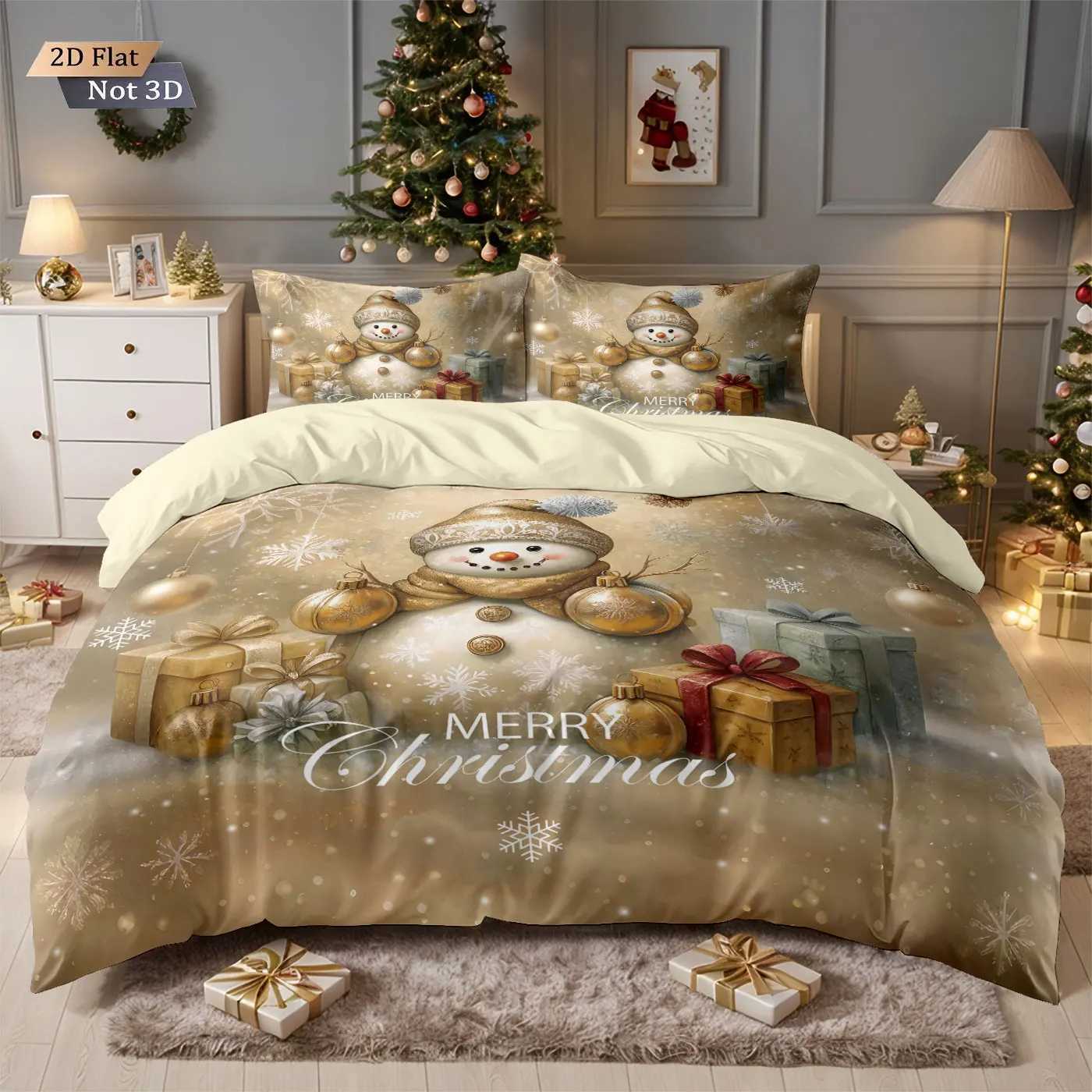 Christmas 3pcs Golden Christmas Snowman Printed Chipless Bedding Set Soft Dormitory Bedroom Multiple Sizes Machine Washable Y251126