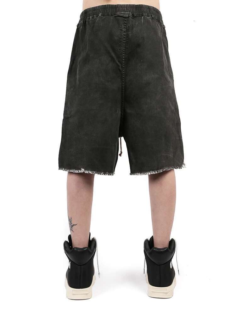 Dark RO Cotton Men's Washed Cigarette Ash Slit Silhouette Five Quarter Pants With Distressed Edges Denim Shorts RICK