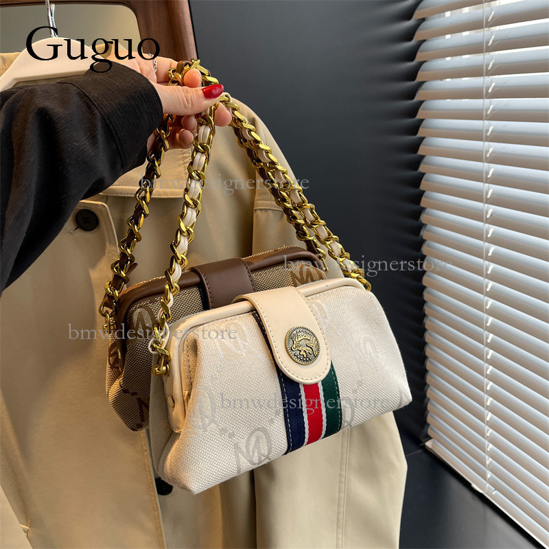 Guguo Designer Luxury Women's Vintage Floral Handbag Retro Fashion Metal Buckle Chain Shoulder Crossbody Bag Lightweight And Trendy Printed Strip