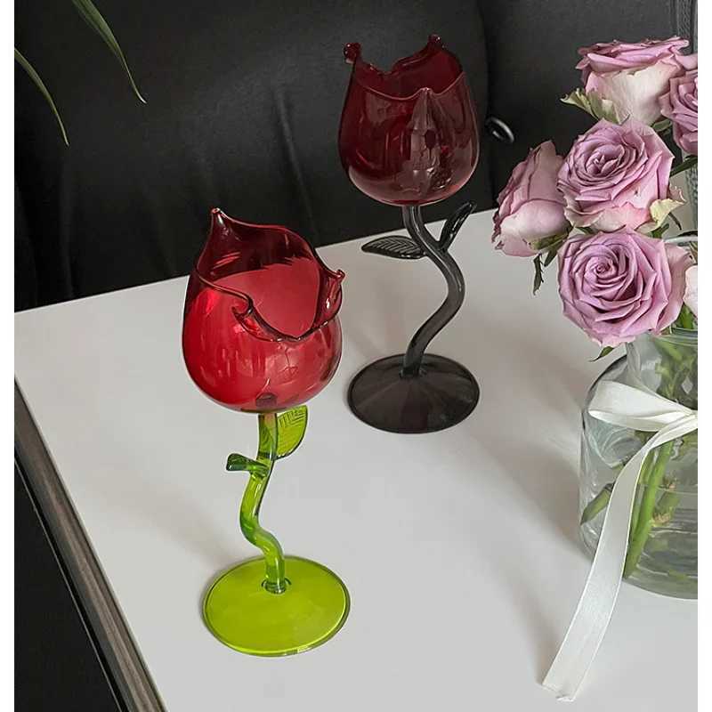 French Romantic Transparent Rose Glass with Transparent Leaf Cocktail Glass Valentines Wedding Table Decoration Gift Wine Cup C251126